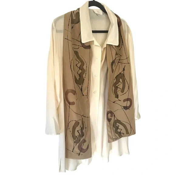 Vintage Hand Painted Silk Reversible Scarf Lagenlook Geometric Art to Wear Tan